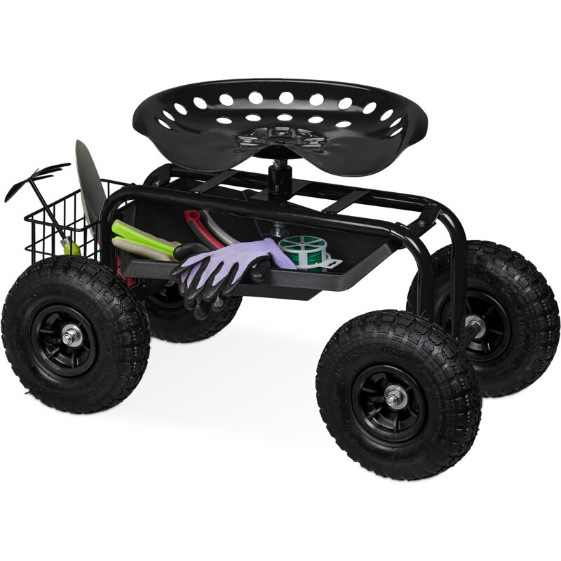 foto del prodotto relaxdays sgabello giardinaggio con ruote, carrello portautensili giardino e officina, regolabile, 150 kg, acciaio, nero