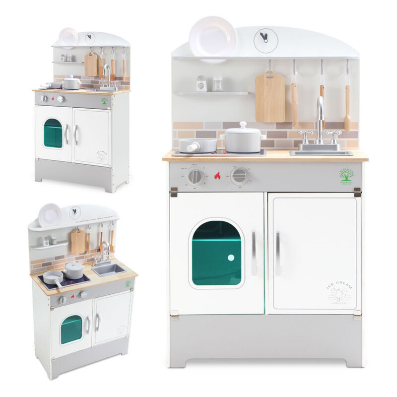 foto del prodotto set da cucina per bambini cucina da esterno bianco sporco cucina giocattolo con forno, frigorifero, microonde, lavello e piano cottura hengda