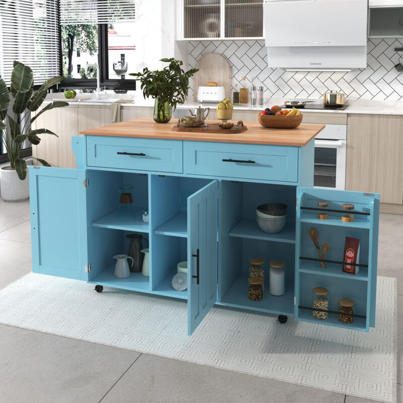 foto del prodotto redom carrello da pranzo grande credenza 129x46 71 x91,5 cm, piano di lavoro con venature del legno massiccio armadietto blu piano di lavoro