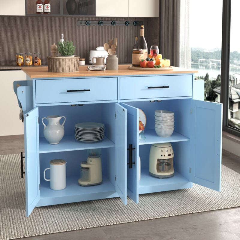 foto del prodotto carrello da cucina credenza 120x46 71x91,5 cm, piano tavolo pieghevole, 2 cassetti, mobiletto portaoggetti, 4 ante, azzurro naturale