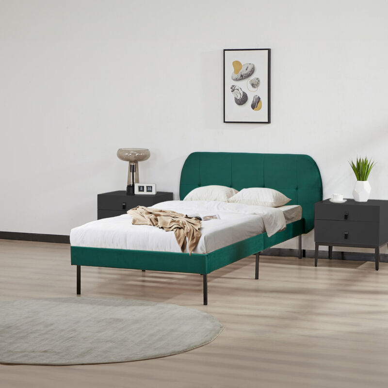 foto del prodotto letto singolo porvoo 90x200 cm testiera imbottita rivestimento in velluto verde scuro en.casa 