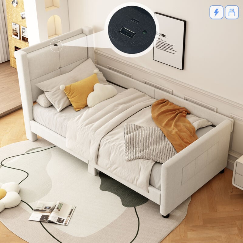 foto del prodotto letto imbottito letto singolo 90 x 200 cm con porta usb, design minimalista, beige, senza materasso