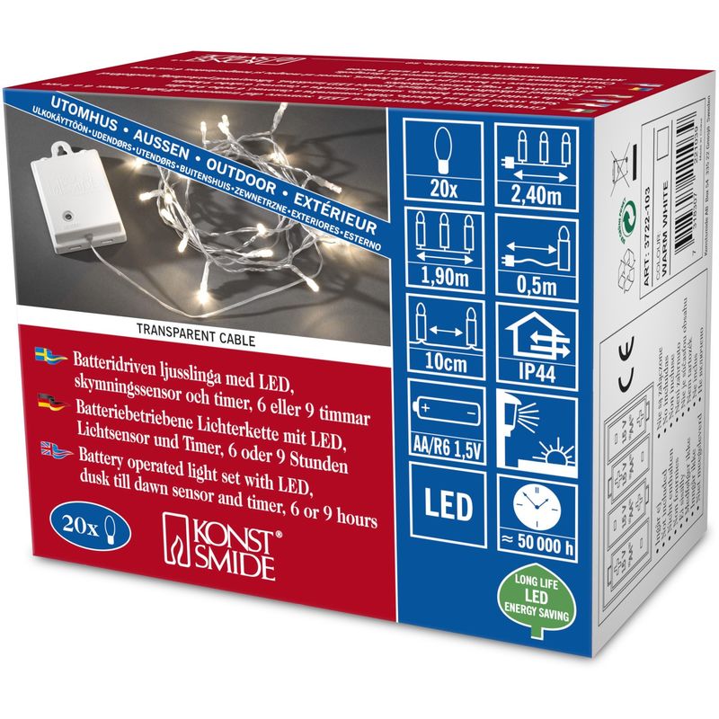 immagine 0 del prodotto konstsmide 3722 103 catena luminosa led con interruttore e sensore, timer per 6 e 9 ore, adatta a esterni ip44 , 20 diodi a luce bianca calda,