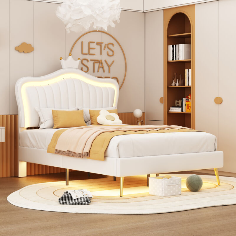 foto del prodotto letto per adulti letto singolo imbottito 90 x 200 cm. struttura del letto a corona bianca. in pelle pu con led. senza materasso