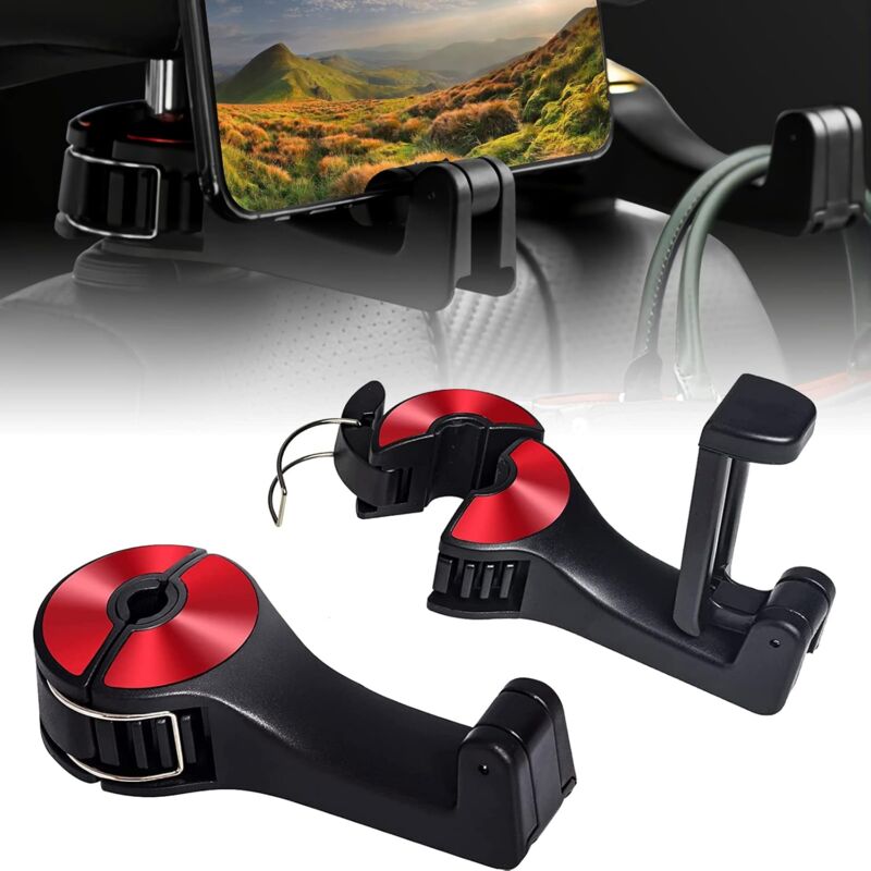 foto del prodotto fortuneville gancio per poggiatesta per auto 2 in 1, gancio per sedile posteriore gm, con supporto per telefono cellulare, gancio per poggiatesta
