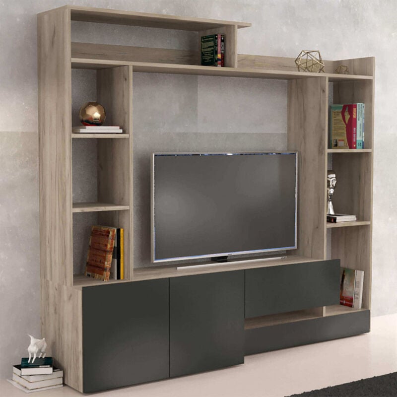 foto del prodotto parete attrezzata porta tv da interno soggiorno in legno nobilitato bilaminato ponte vecchio olmo e grigio