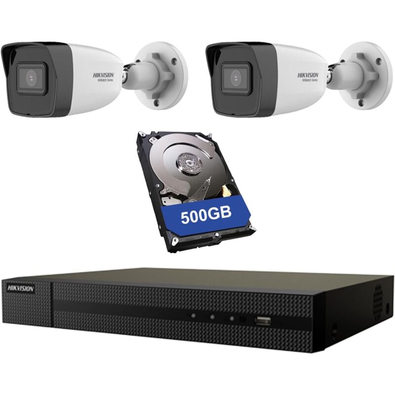 foto del prodotto kit videosorveglianza hikvision 2x telecamere 2mpx nvr 500 gb hiwatch 4 canali 6 mpx
