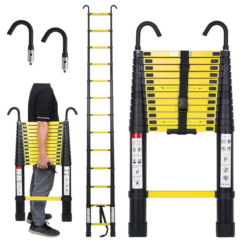 immagine 0 del prodotto scala telescopica con scala di estensione del gancio fino a 150 kg scala a pioli in alluminio stabile nero giallo 3.8 m hengda