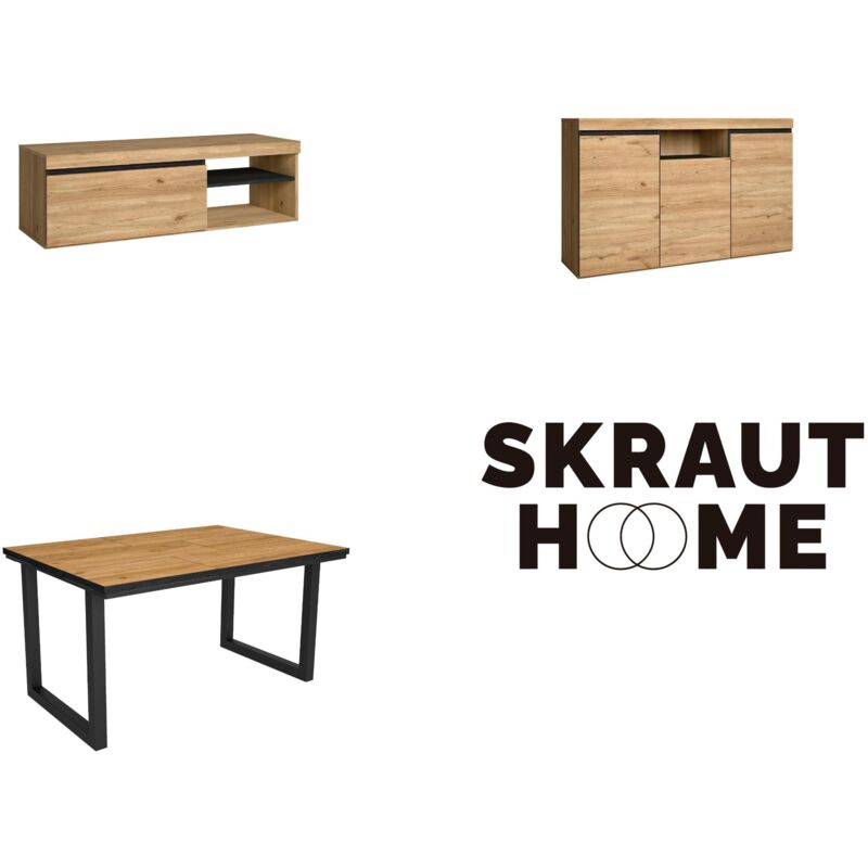 foto del prodotto skraut home set di mobili per il soggiorno, tavolo 140 frontale nero piedi u 6 commensali, mobile tv 120, madia credenza 140, rovere e nero,