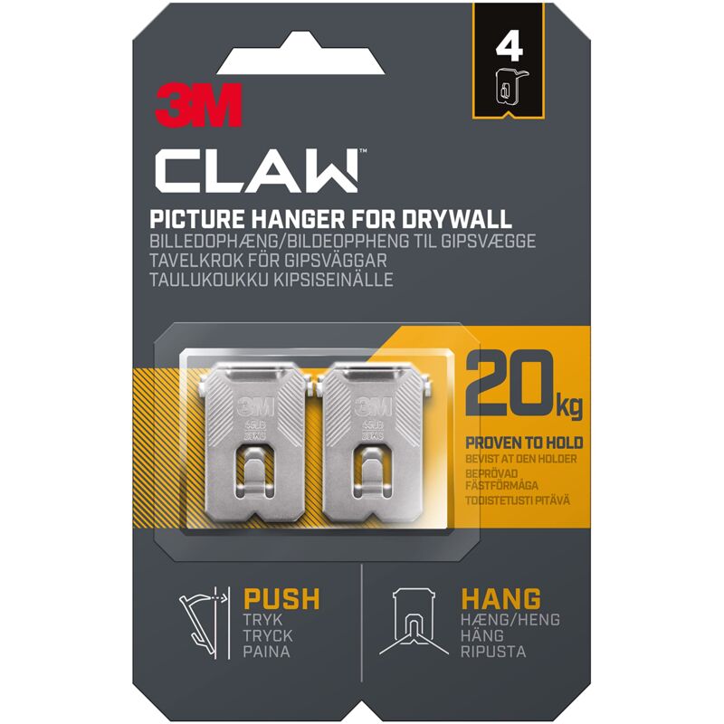 foto del prodotto 3m claw ganci da parete per appendere quadri in cartongesso, 4 ganci, portata fino a 20 kg, ideali per oggetti pesanti