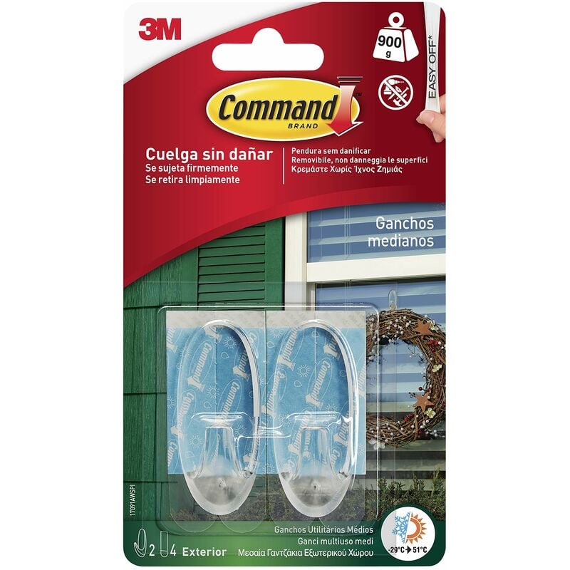 foto del prodotto 3m command gancio adesivo trasparente da esterno, medium 2 ganci appendi le decorazioni da esterno