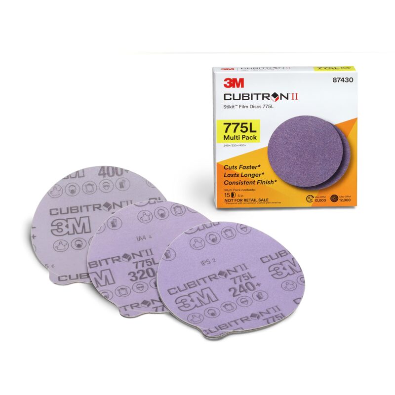 foto del prodotto 3m cubitron ii 3 m stikit disc 775l, 87430, multi pack, 5 in x nh, 240 , 320 , 400 , taglio angolo di taglio flauto viola