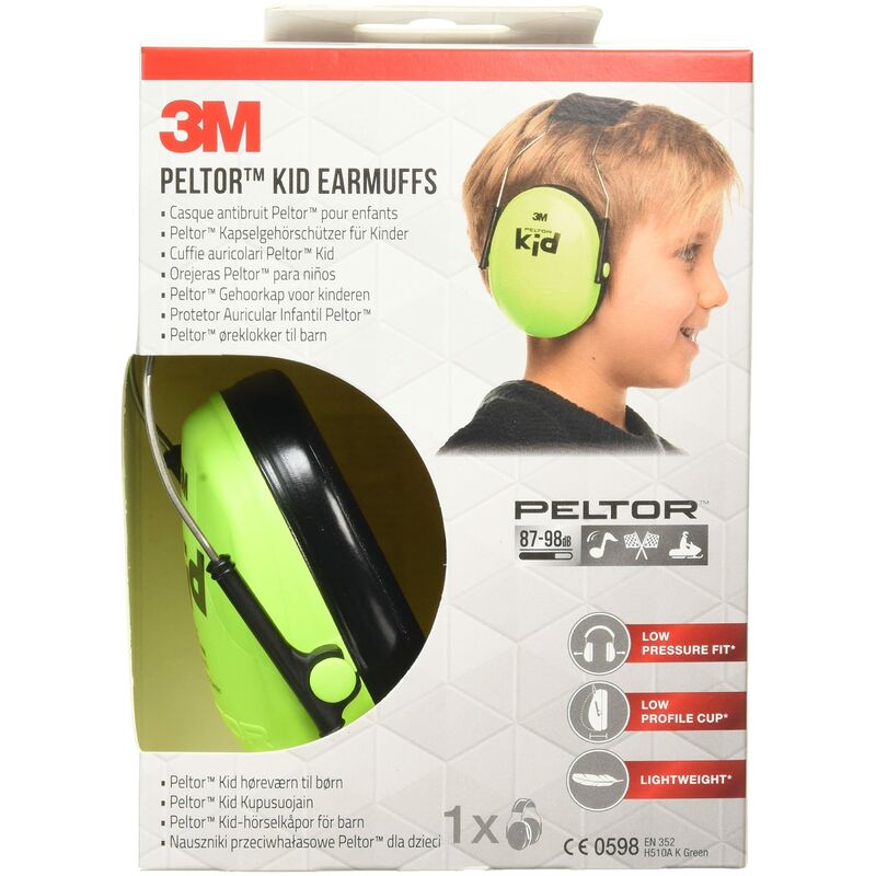 foto del prodotto 3m cuffie auricolari peltor kid h510ak, protezione acustica per bambini, paraorecchie, verde neon, misura regolabile, contro livelli di rumore
