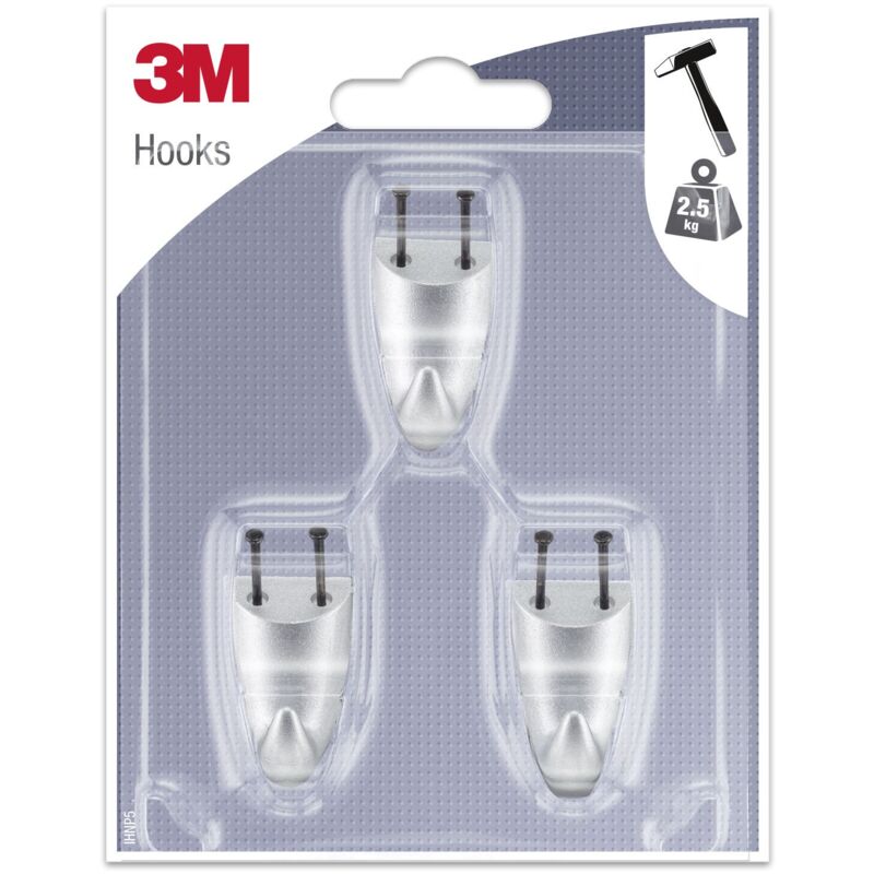 foto del prodotto 3m ihnp5 gancio con chiodi ideale per pareti in cartongesso, grigio metallizzato, petit, set di 3 pezzi