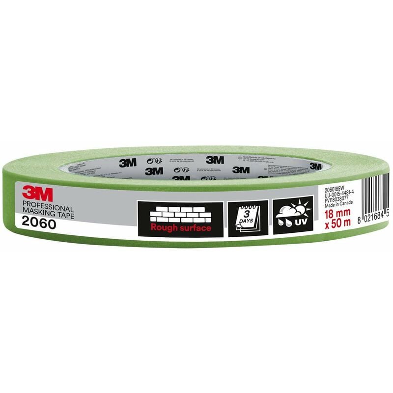 foto del prodotto 3m nastro da mascheratura professionale 2060 per superfici ruvide, verde 1 rotolo, 18 mm x 50 m adesivo per pittura e decorazioni, interni ed