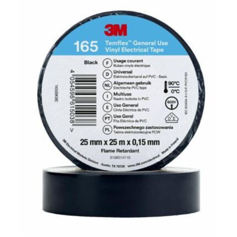 foto del prodotto 3m nastro isolante temflex 165 cavi elettrici 25x25 nero 25x25 25 mm 25 mt
