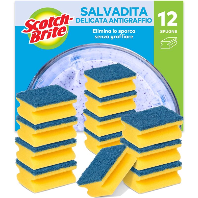 foto del prodotto 3m scotch brite spugna abrasiva salvadita delicata antigraffio, 12 pezzi per confezione ideale per l uso quotidiano, incluse pentole antiaderenti