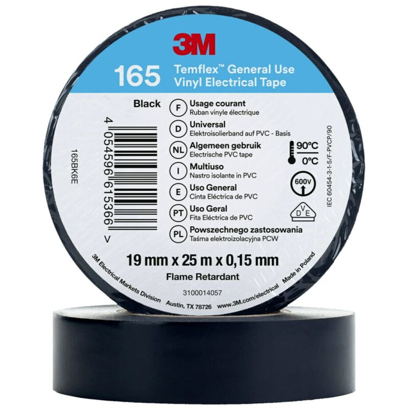 foto del prodotto 3m temflex nastro elettrico in vinile 165, nero, 19 mm x 25 m, confezione da 10 rotoli