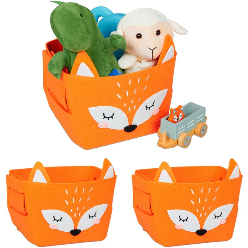 foto del prodotto 3x box portagiocattoli, cesta portaoggetti, feltro, hlp 24x27x18 cm, design con volpe, camera bambini, arancione