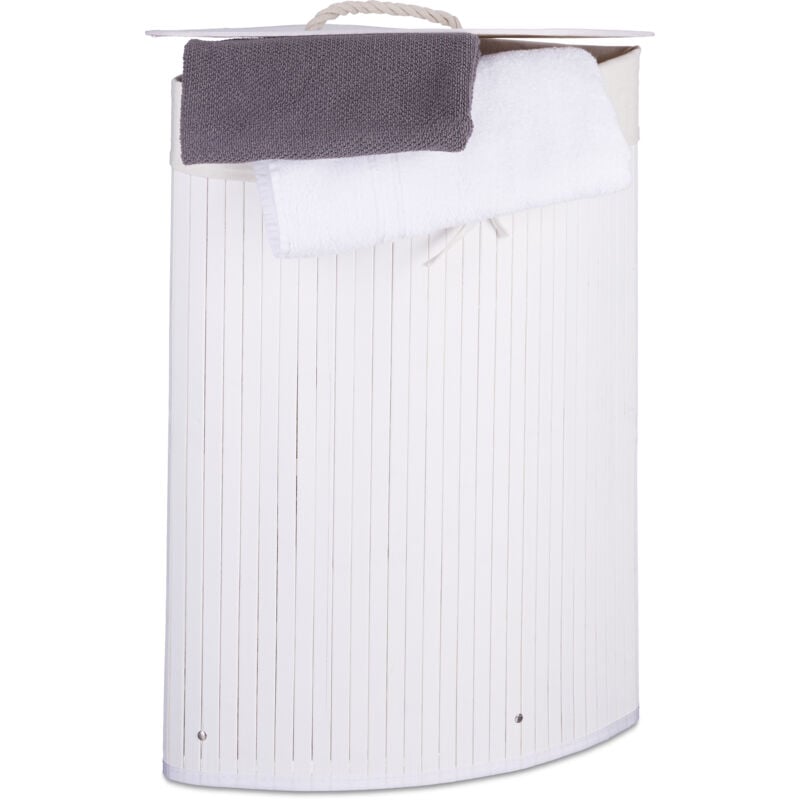 foto del prodotto 3x cesta porta biancheria angolare in bamb , 60 l, pieghevole, con coperchio, sacco, 65,5x49,5x37 cm, bianco