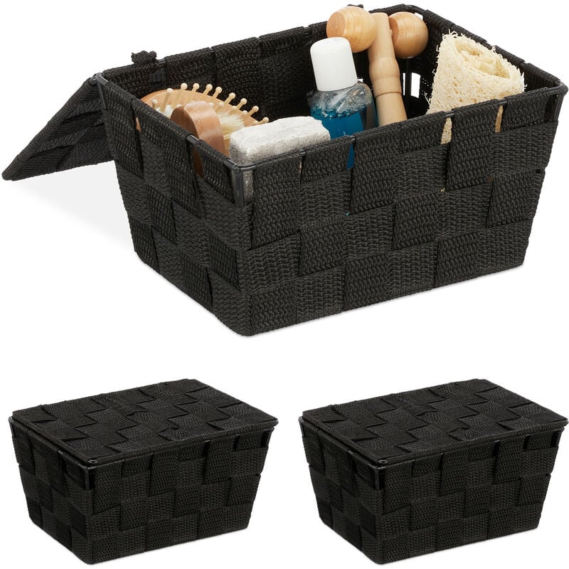 foto del prodotto 3x cestini con coperchio, portaoggetti da bagno, pp intrecciato, hxlxp 10,5 x 19,5 x 14,5 cm, nero