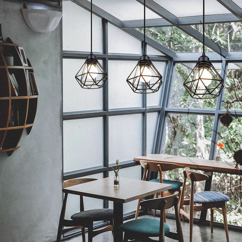 foto del prodotto 3x lampada a sospensione, ø16cm mini diamante plafoniera a sospensione con e27 attacco, illuminazione con gabbia per soggiorno sala da pranzo camera da letto (nero)
