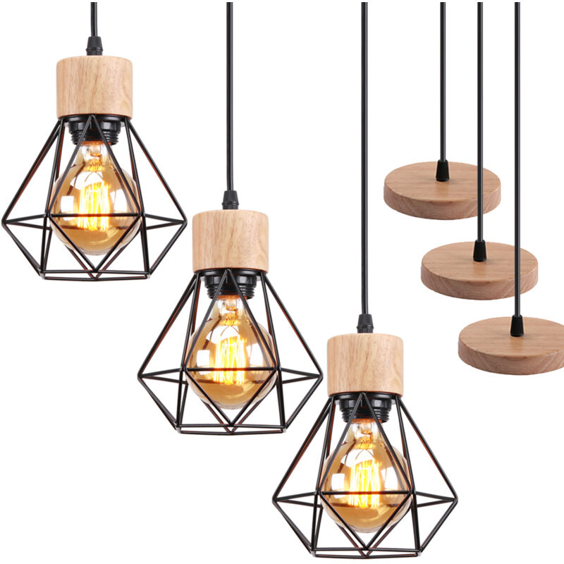 foto del prodotto 3x lampada a sospensione, ø16cm mini diamante plafoniera a sospensione con e27 attacco, illuminazione con gabbia per soggiorno sala da pranzo camera da letto (nero&amp;legno)