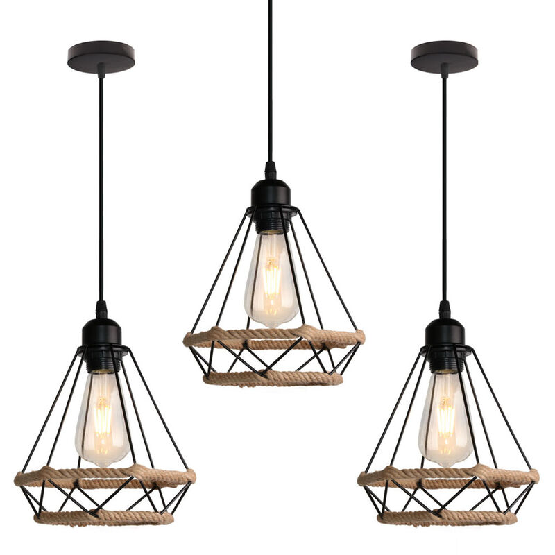 foto del prodotto 3x lampada a sospensione, vintage lampada da soffitto in corda di canapa, plafoniere con 20cm gabbia di diamante nero 