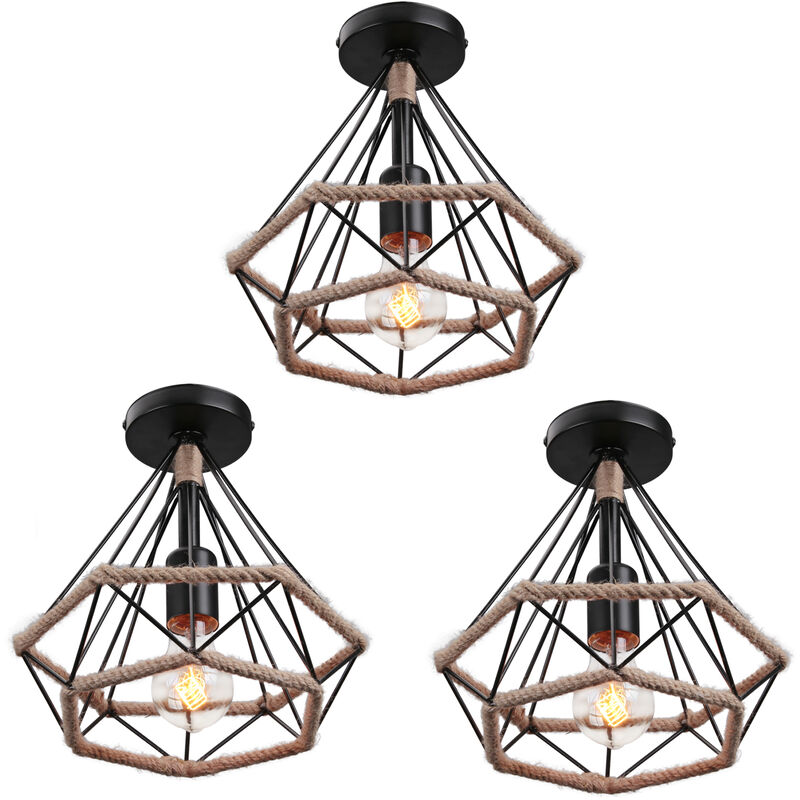 foto del prodotto 3x lampada a sospensione, vintage lampada da soffitto in corda di canapa, plafoniere con 25cm gabbia di diamante nero 