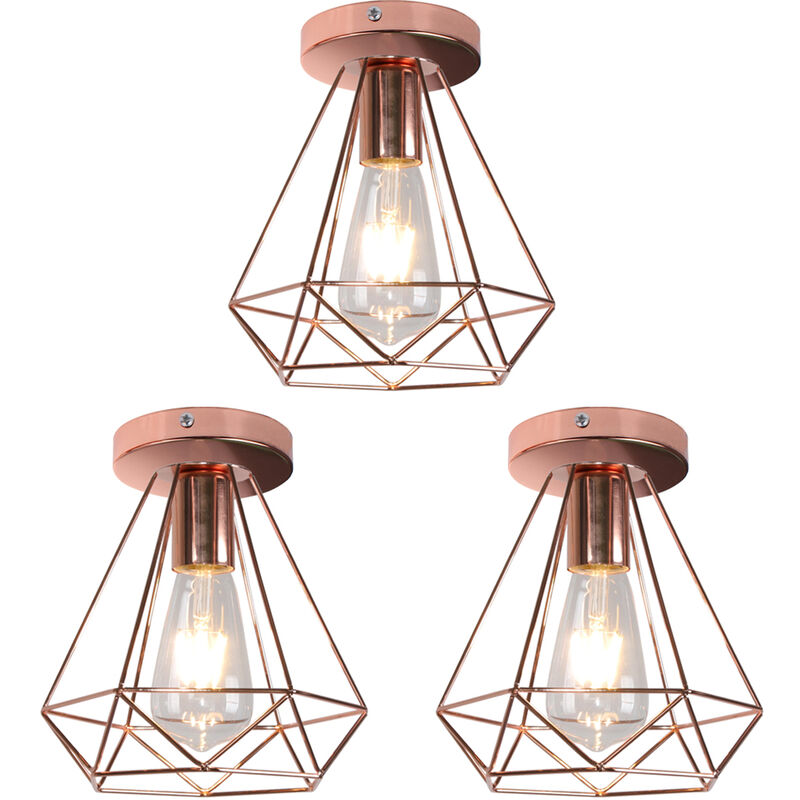 foto del prodotto 3x lampada da soffitto industriale gabbia diamante in metallo retr lampadario e27 per balcone, corridoio, ingresso oro rosa