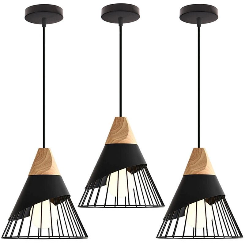 foto del prodotto 3x lampadario a sospensione, vintage lampada da soffitto con paralume in legno e metallo, illuminazione di form a badminton per cucina ristorante