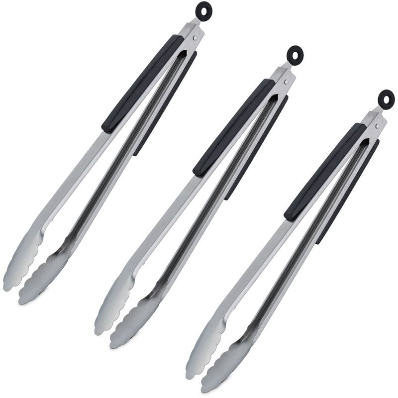 foto del prodotto 3x pinza da barbecue, acciaio inox e manico in legno, accessori griglia e cucina, lunga 38 cm, argentato nero