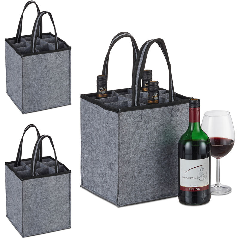 foto del prodotto 3x portabottiglie, 9 scomparti, borsa per bottiglie di vino e birra in plastica e vetro, 45x24x24 cm, antracite