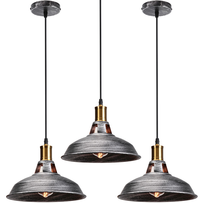 foto del prodotto 3x retr lampada a sospensione lampada da soffitto industriale paralume a forma di cappello 27cm per soggiorno corridoio grigio argento