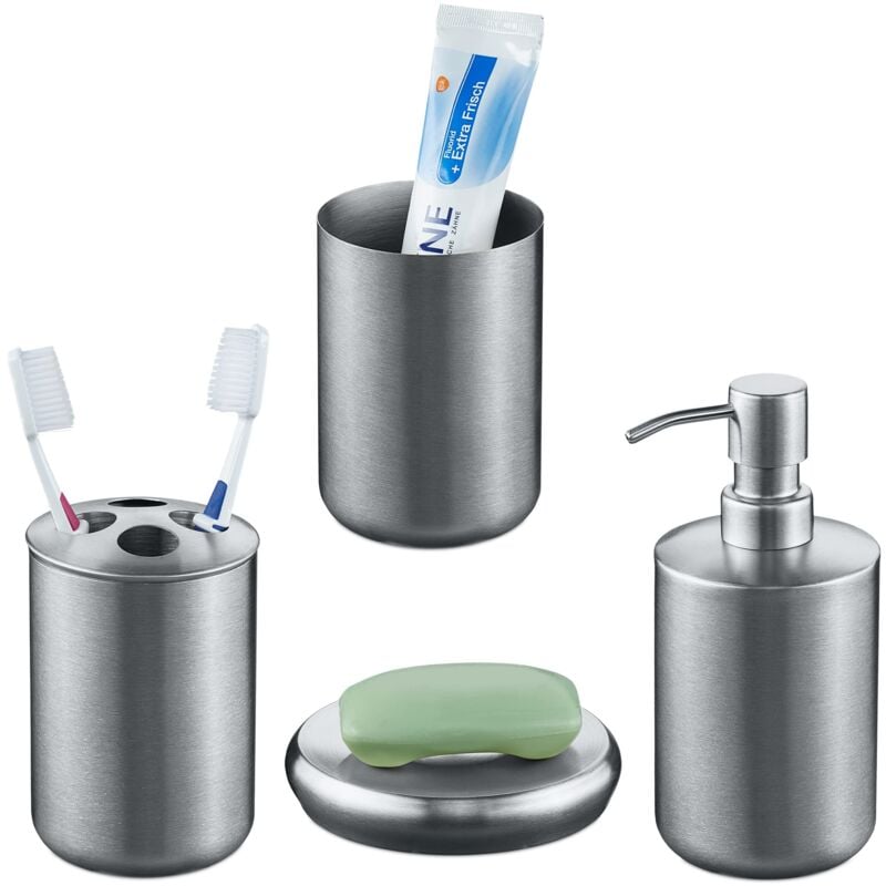 foto del prodotto 4 accessori set bagno acciaio inox spazzolato, porta spazzolino e dentifricio, sapone e saponetta, argento relaxdays
