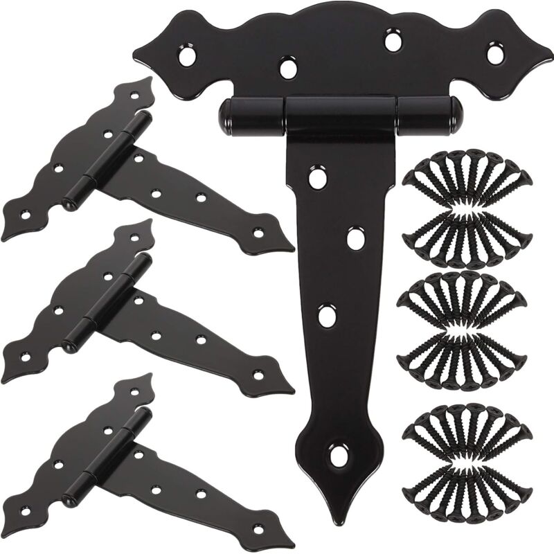 foto del prodotto 4 cerniere a t da 7 1 2, cerniere per porte resistenti, cerniere a t nere per porte in legno per fienili, cerniere a t classiche per porte per