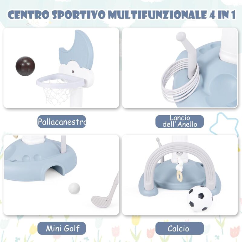 foto del prodotto 4 in 1 canestro da basket per bambini, con pallacanestro, calcio, golf e anello da lancio, centro sportivo regolabile con tabellone elettronico a