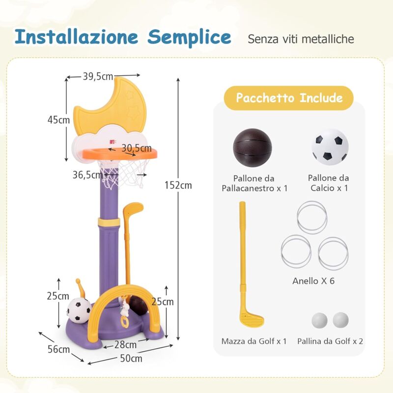 foto del prodotto 4 in 1 canestro da basket per bambini, con pallacanestro, calcio, golf e anello da lancio, centro sportivo regolabile con tabellone elettronico a