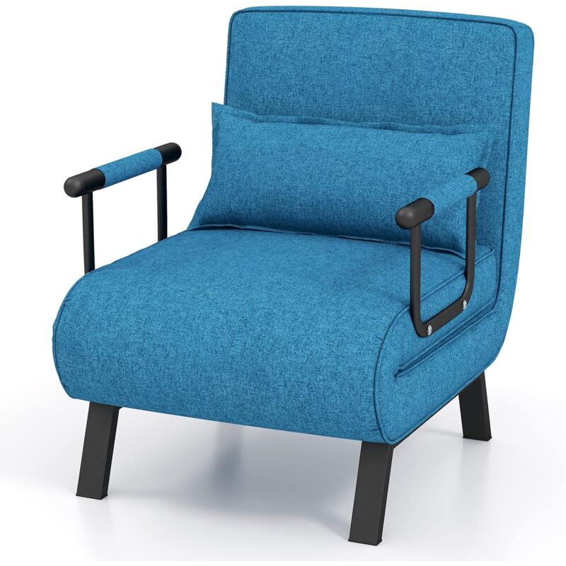 foto del prodotto 4 in 1 poltrona letto singolo, poltroncina pieghevole con schienale regolabile in 6 posizioni, poltrona reclinabile con cuscino e braccioli per