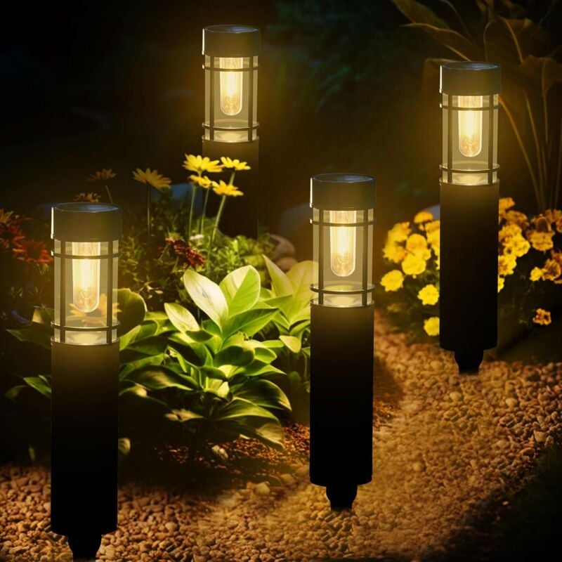 foto del prodotto 4 luci solari da giardino per esterni, bianco caldo, impermeabili, ip65, ricaricabili automaticamente, per sentieri, prati, patio, ecc.