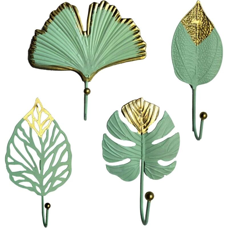 foto del prodotto 4 mini grucce da parete in metallo a forma di foglia per abiti, borse, sciarpe, chiavi - verde - sollbry
