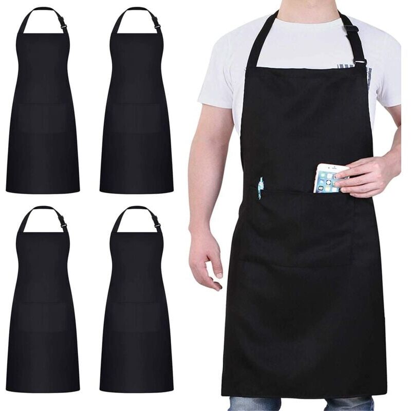 foto del prodotto 4 pack chef tabliers, noir tablier avec 2 poches, etanche r glable tablier pour homme femme,tablier cuisine professionnel pour cuisine, jardinage,