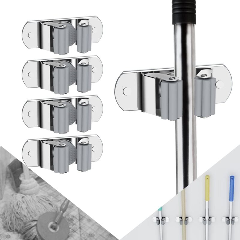 foto del prodotto 4 pcs porta scope parete adesivo portascopa e portaspazzole in acciaio inossidabile per cucina bagno garage grigio