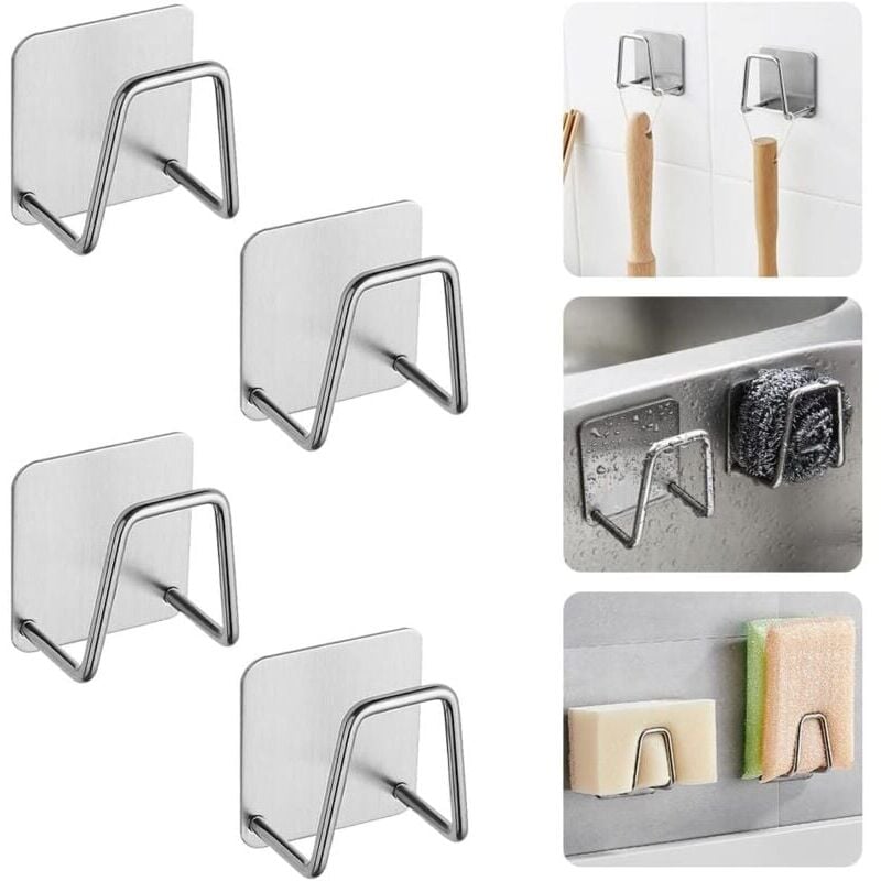 foto del prodotto 4 pcs porte ponge autocollant en acier inoxydable 5 5 3.2cm porte eponge cuisine evier crochet autocollant adhesif noir support eponge evier cuisine