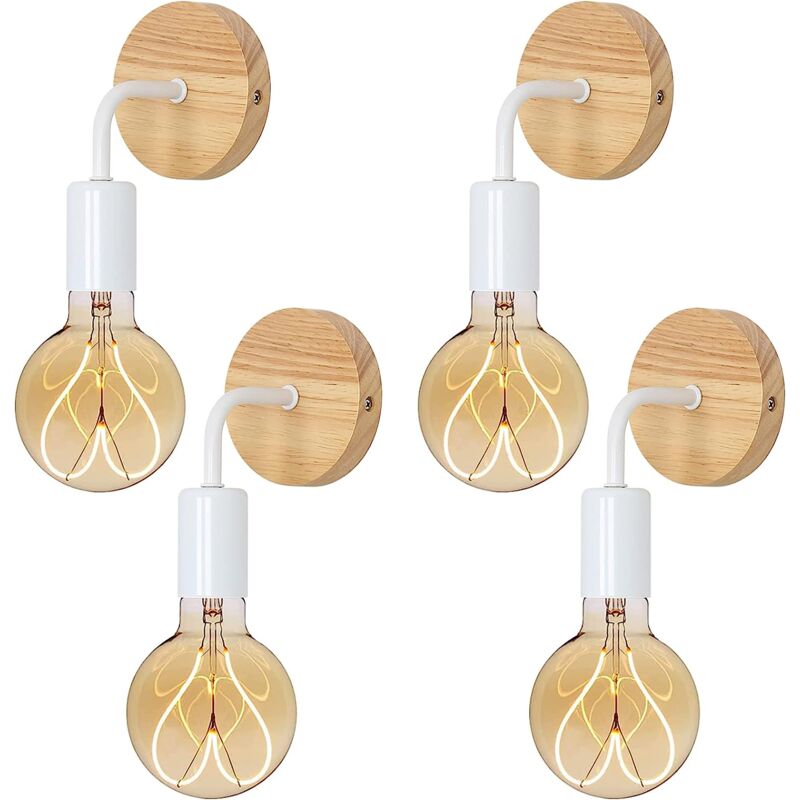 foto del prodotto 4 pezzi applique per interni in legno retro lampada da parete base e27 per camere da letto, soggiorni, corridoi e disimpegni bianco goeco