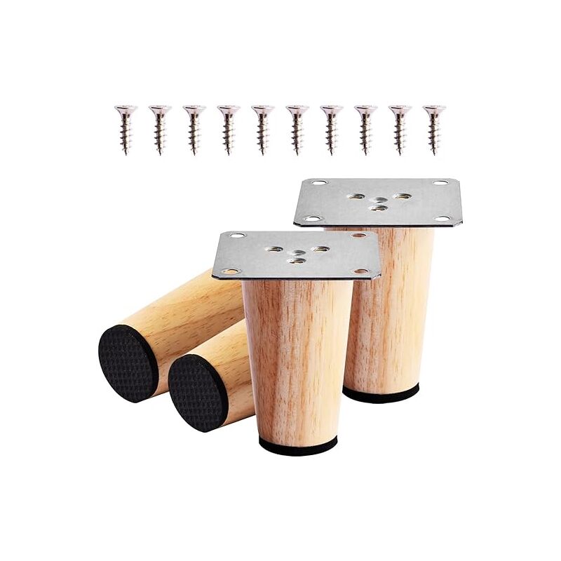 foto del prodotto 4 pezzi gambe per mobili in legno da 8 cm, gambe per divano in legno massello di ricambio con piastra di montaggio, viti e tappetino antiscivolo,