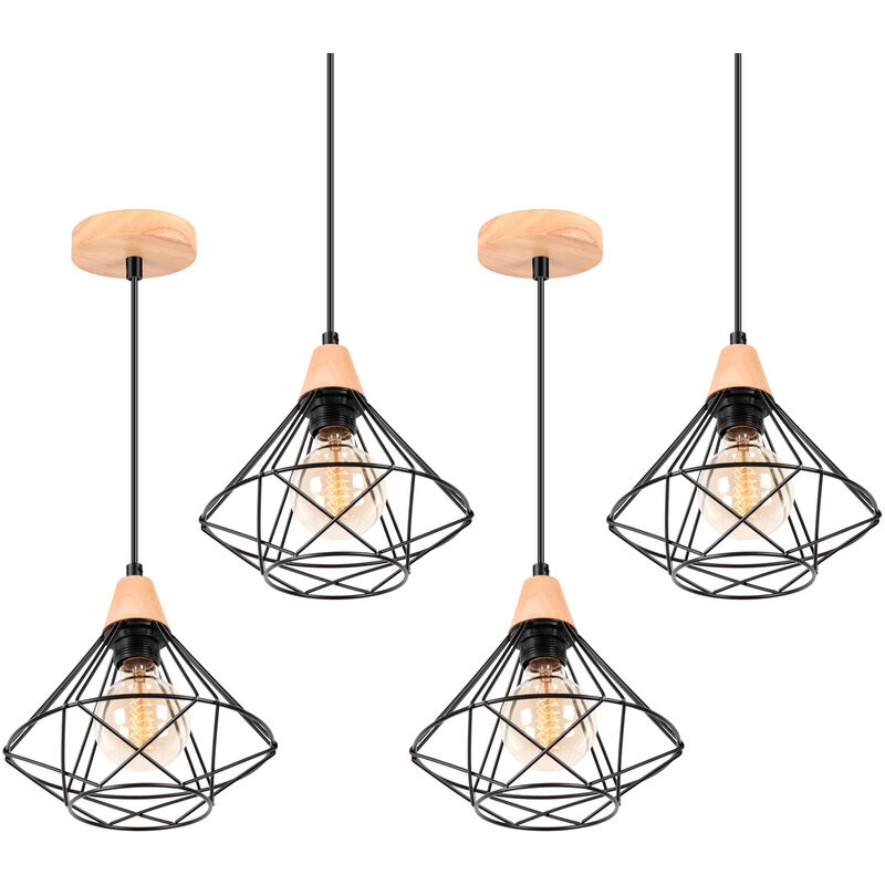 foto del prodotto 4 pezzi industriale lampadario forma di diamante in metallo e legno e27 lampada da soffitto per camera da letto soggiorno sala da pranzo nero