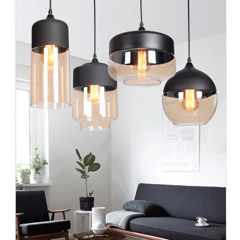 immagine 0 del prodotto 4 pezzi lampada a sospensione, lampada da soffitto in vetro, illuminazione per soggiorno sala da pranzo nero con paralume marrone trasparente