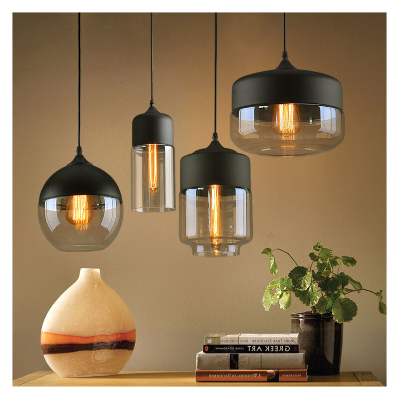 foto del prodotto 4 pezzi lampada da soffitto moderna lampada a sospensione sferica in ferro e vetro nero base a sospensione a lampadina e27