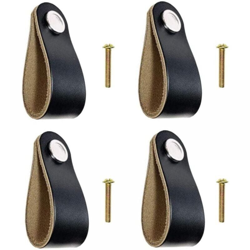 foto del prodotto 4 pezzi maniglie in pelle maniglie per cassetti in pelle pomelli per armadietti in pelle nera con viti per mobili da cucina armadio cassettiera